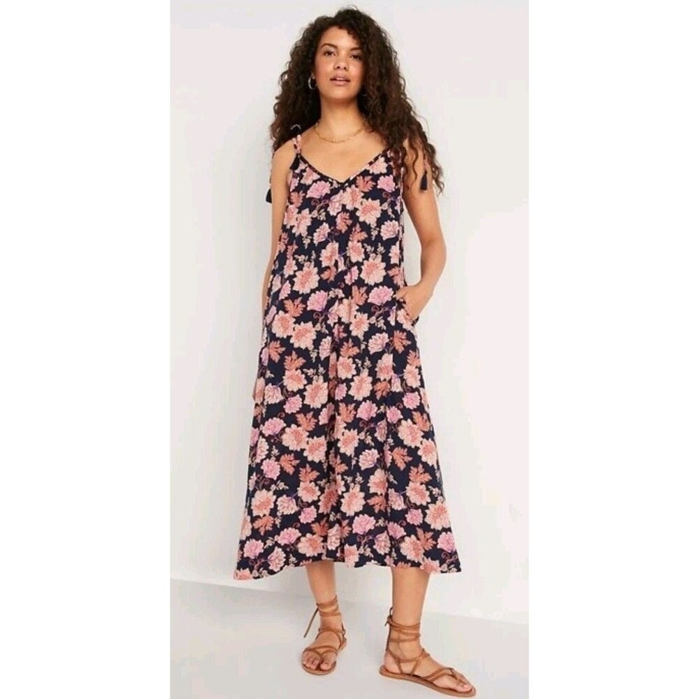 Old Navy Womens Sz XXL Tasseled Tie Shoulder Swing Maxi Dress Navy Blue Floral